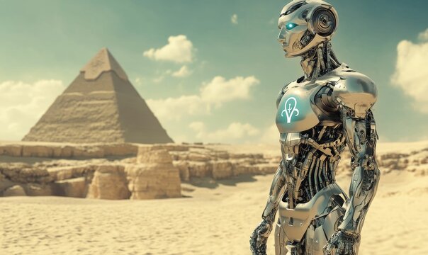 Robot standing in front of a pyramid.