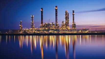 Obraz premium Oil refinery reflecting off nearby water, creating a peaceful industrial scene at dusk