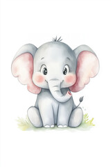 Obraz premium Watercolor baby elephant with big eyes sits on a grass 