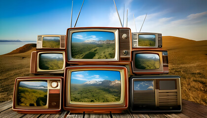 Stacked Vintage Televisions Displaying Scenic Images