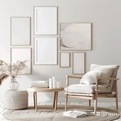 A minimalist living room with a comfortable armchair. a round wooden coffee table. and a wall gallery featuring empty frames. pampas grass. and a seashell