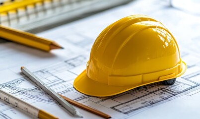 A bright yellow construction helmet is placed on a set of architectural blueprints, accompanied by a pencil and ruler, indicating preparation for a building project