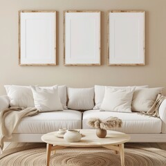 A contemporary living room with a white sofa, three empty picture frames, a coffee table, and pampas grass