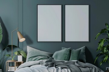 A modern bedroom with a dark blue wall. a king-size bed with a gray duvet and emerald green pillows. three black framed posters. and a potted plant