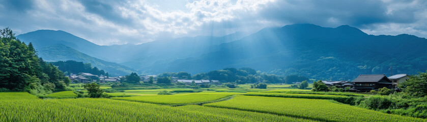 Fototapeta premium Lush green rice fields under dramatic sunlight breaking through clouds in Nagano valley, surrounded by mountains and traditional houses, create serene landscape