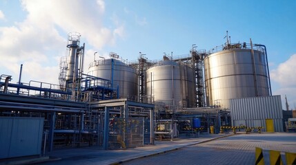 Obraz premium Large fuel storage tanks organized in a refinery, maintaining clean and efficient operations