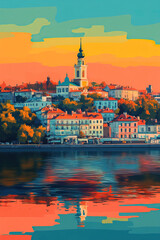Fototapeta premium Belgrade, Serbia, Pop Art style theme print. Cityscape, city skyline.Vibrant, bright, modern, trendy, graphic designed for poster, card, wallpaper