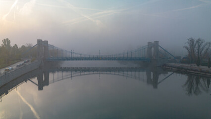 Grunwaldzki Bridge on a foggy morning, bird's eye view, Wroclaw