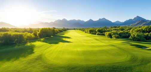 Obraz premium A stunning view of a lush green golf course surrounded by majestic mountains under a clear blue sky, capturing the beauty of nature in full bloom.