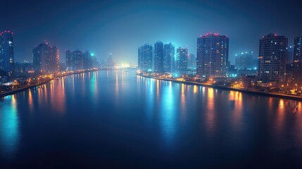 Obraz premium Tianjin skyline reflecting in hai river at night, china