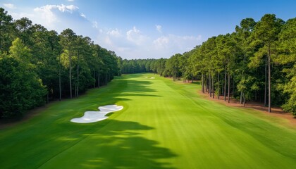 Aerial view of a serene golf course featuring lush green grass, sand traps, and a backdrop of tall trees under a bright blue sky with scattered clouds.