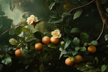Oranges and Blossoms on a Lush Branch in an Enchanted Garden During Early Morning Light
