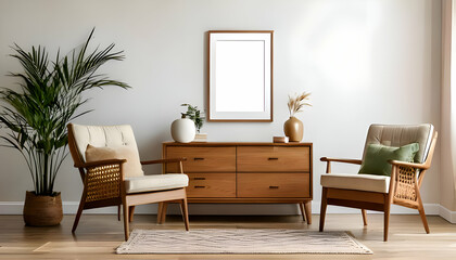 Stylish home living room interior with chairs and drawer, mockup frame