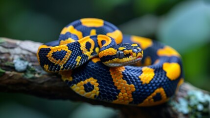 Obraz premium Bright snake with yellow and black patterns, smooth scales. Gold ringed cat snake on tree branch
