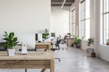 Modern open plan office space with minimalist design, featuring workstations, plants, and large windows