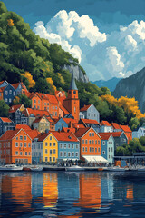 Bergen, Norway, Pop Art style theme print. Cityscape, city skyline.Vibrant, bright, modern, trendy, graphic designed for poster, card, wallpaper