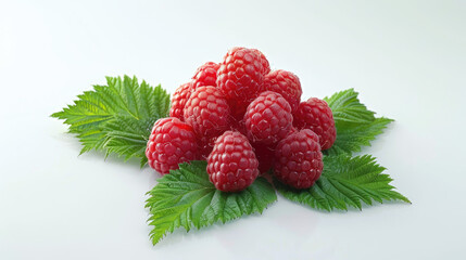 Fresh Raspberries on Green Leaves Background