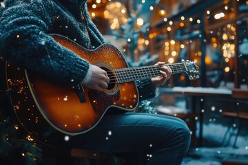 Obraz premium Musician playing acoustic guitar at christmas market during snowfall