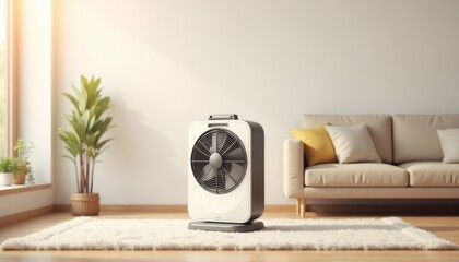 Modern electric fan heater in bright room with cozy furniture and copy space