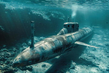Beautiful large submarine floating in middle of ocean during mission