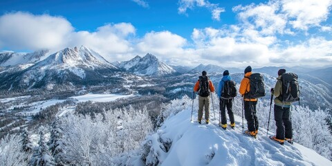 Ski touring mountaineers enjoying snowy mountain view in winter