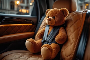 Teddy bear wearing seatbelt in luxury car promoting child safety