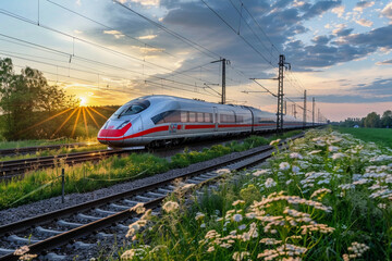 Fototapeta premium Modern high-speed train in fast motion passes through railway stations
