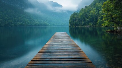 Obraz premium Wooden pier stretching into serene lake surrounded by misty mountains