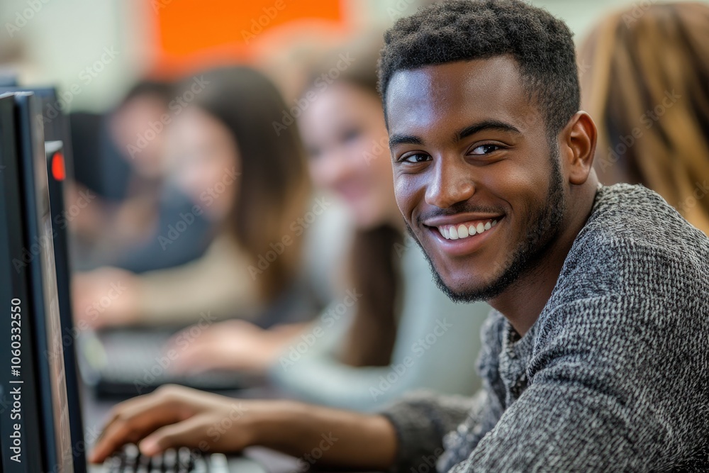 Wall mural smiling young man using computer in class at university or office