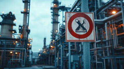 Fototapeta premium Fuel refinery plant with safety signage, showcasing environmental compliance and industrial cleanliness