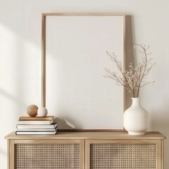 A white ceramic vase with dried flowers. a stack of books. and a blank poster frame on a wooden cabinet