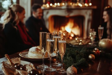 classic Christmas party in a luxurious aristocratic vintage old world home, with guests dressed in vintage attire, sipping champagne by a roaring fire, minimal background with copy space