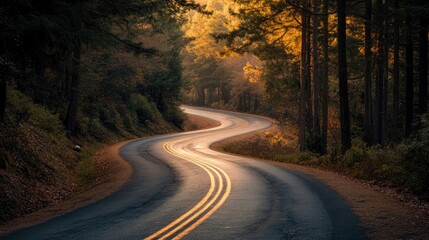 Fototapeta premium Winding road through forest at sunset creating a scenic drive
