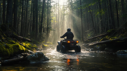 Adventurous rider on ATV navigating through serene forest stream, surrounded by tall trees and soft sunlight filtering through foliage, creating tranquil atmosphere