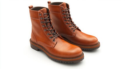 Realistic 3D render of stylish leather boots with finely detailed stitching, presented on a pristine white background. 