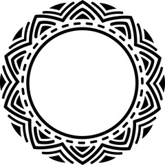 A decorative black circular mandala frame with a geometric tribal-inspired pattern featuring repeating angular shapes and dashed lines arranged in a symmetrical mandala-like design.