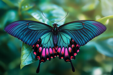 Fototapeta premium A butterfly displays its vibrant wings while resting on a leaf, bringing color to the tranquil garden surroundings