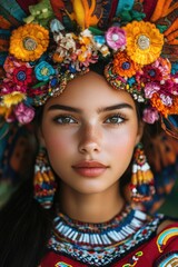 Latin american model wearing colorful headdress and traditional clothing
