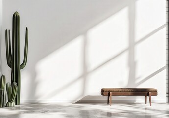 A wooden bench sits in front of a white wall with cactus plants on either side and dappled sunlight casting shadows