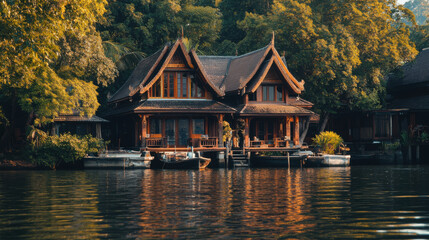 Fototapeta premium Beautiful traditional Thai houses along river, surrounded by lush greenery, reflecting in water. serene and picturesque scene capturing essence of Thai architecture