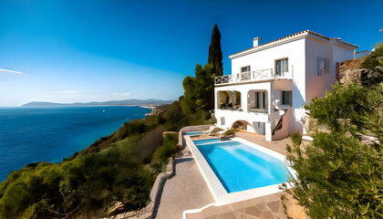 Fototapeta premium Traditional mediterranean white house with pool on hill with stunning sea view. Summer vacat
