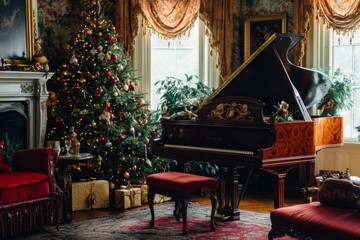 xmas decorated interior of living room filled with antique furniture, a grand piano, and a fully decorated Christmas tree, giving an old money aesthetic, minimal background with copy space 