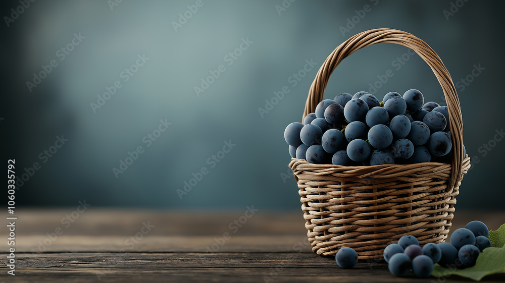 Poster wicker basket filled with ripe, dark grapes sits on rustic wooden table, creating natural and serene
