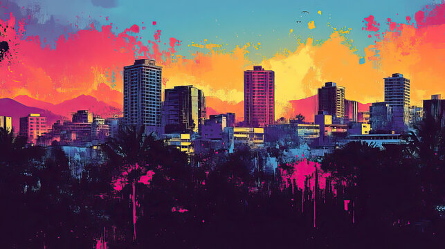Blantyre, Malawi, Pop Art style theme print. Cityscape, city skyline.Vibrant, bright, modern, trendy, graphic designed for poster, card, wallpaper