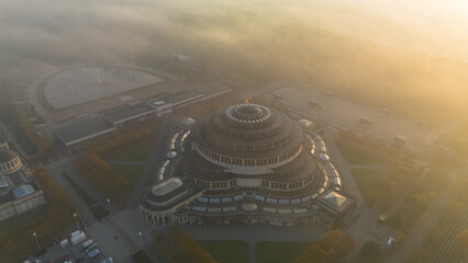 Centennial Hall on a foggy morning, bird's eye view, Wroclaw