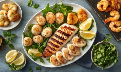 Grilled seafood, lemon wedges, and greens on a plate.