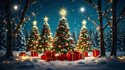 Obraz premium christmas tree with lights christmas snow tree gifts boxs