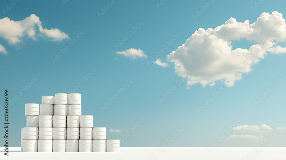 Poster stack of white oil barrels is arranged under clear blue sky with fluffy clouds, creating serene and 
