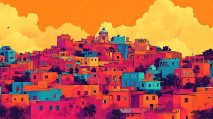 Obraz premium Bobo, Dioulasso, Burkina, Pop Art style theme print. Cityscape, city skyline.Vibrant, bright, modern, trendy, graphic designed for poster, card, wallpaper