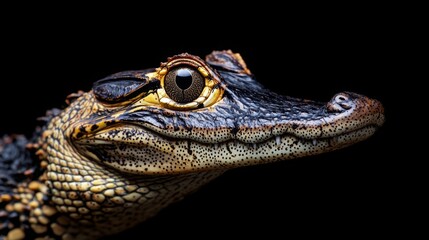 Fototapeta premium Portrait of Caiman over dark background from Ecuador. Caiman cocodrilus